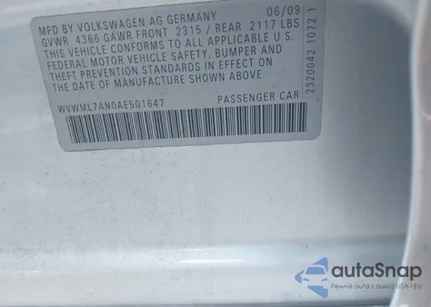 2010 Volkswagen Cc Sport z USA, uszkodzony, nr VIN WVWML7AN0AE501647